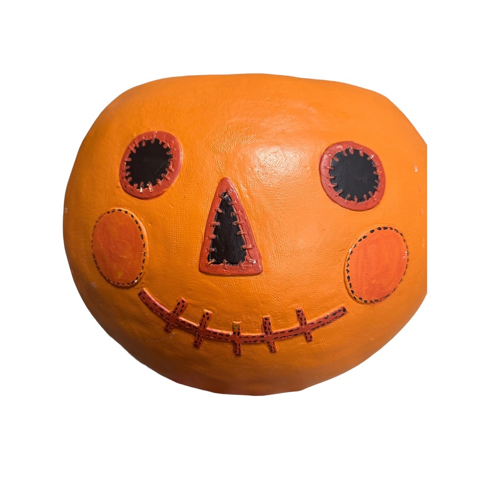 Vtg 90's Handmade Paper Mache Jack O Lantern Pumpkin Bowl stitched-face